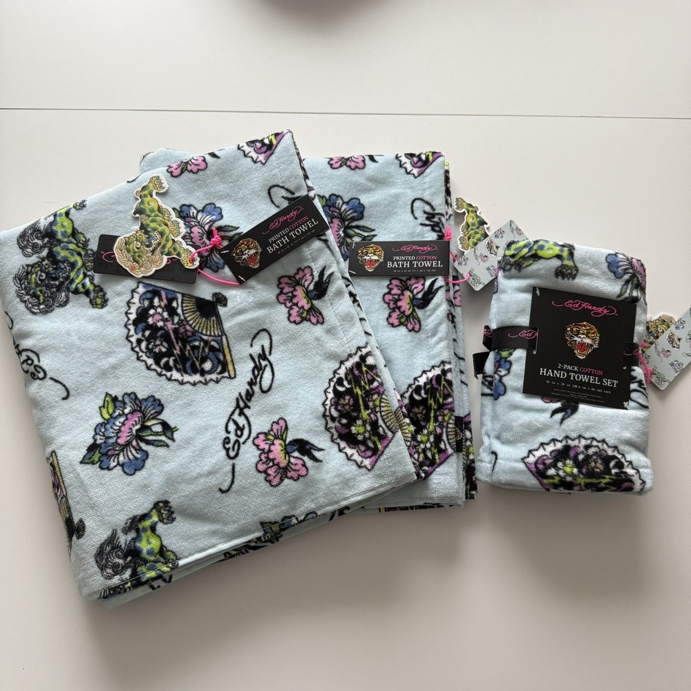 Ed Hardy Lt Blue Bath Towel 4 Piece Set, 100% Cotton 2 Bath Towels 2Hand Towels